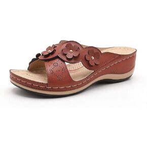 HylianZ Women's Platform Wedge Comfort Cross Strap Flowers Slide Sandals-Shock Absorbtion Breathable holes Arch Support Footbed Indoors Or Outdoors Slip On