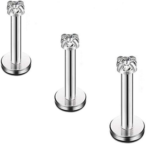 Ruifan 316L Stainless Steel CZ Gem Internally Threaded Labret Monroe Lip Ring Tragus Nail Helix Earring Stud Barbell Piercing Jewelry 16G 8mm 2-4pcs in Kuwait