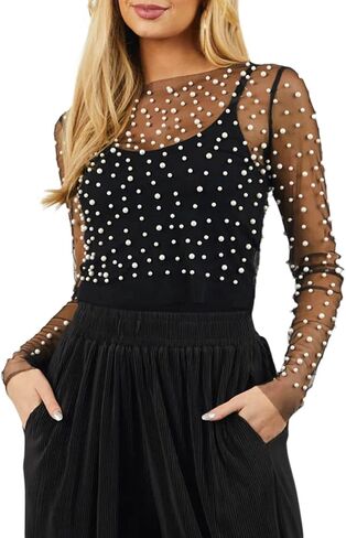 قميص علوي نسائي لؤلؤي بأكمام طويلة شبكي شفاف وغطاء للرأس in Kuwait