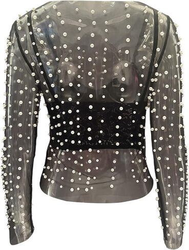 قميص علوي نسائي لؤلؤي بأكمام طويلة شبكي شفاف وغطاء للرأس in Kuwait