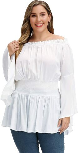 Hanna Nikole Womens Plus Size Renaissance Blouse Off Shoulder Trumpet Sleeve Peasant Tops in Kuwait