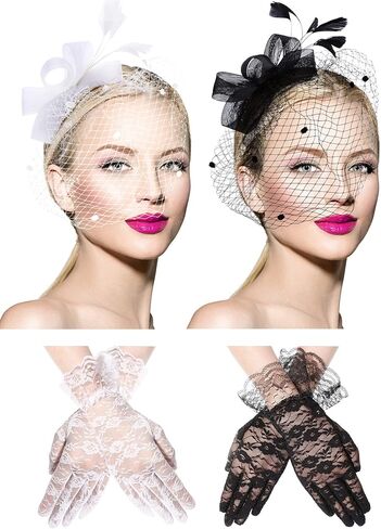 2 Pcs Bowknot Fascinator Hats for Women Feathers Veil Tea Party Hats Mesh Headband and 2 Pairs Lace Short Glove 50s Costume Accessories, Black White in Saudi Arabia