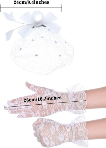 2 Pcs Bowknot Fascinator Hats for Women Feathers Veil Tea Party Hats Mesh Headband and 2 Pairs Lace Short Glove 50s Costume Accessories, Black White in Saudi Arabia