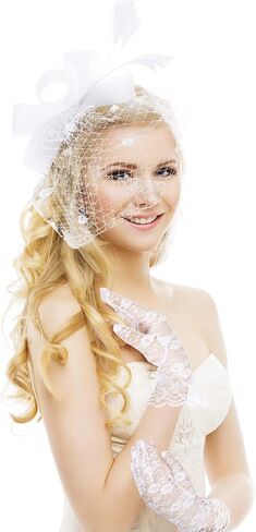 2 Pcs Bowknot Fascinator Hats for Women Feathers Veil Tea Party Hats Mesh Headband and 2 Pairs Lace Short Glove 50s Costume Accessories, Black White in Saudi Arabia