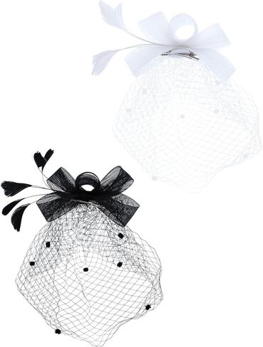 2 Pcs Bowknot Fascinator Hats for Women Feathers Veil Tea Party Hats Mesh Headband and 2 Pairs Lace Short Glove 50s Costume Accessories, Black White in Saudi Arabia