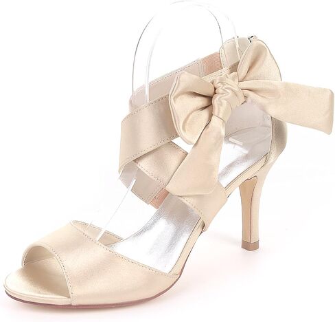 Lady Bow Sandals Satin Dress Shoes | ‌lustrous satin summer stelitto, High heel sandals with soft bow, zip back for easy slip on, wedding party shoes in Saudi Arabia