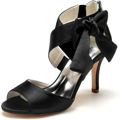 Lady Bow Sandals Satin Dress Shoes | ‌lustrous satin summer stelitto, High heel sandals with soft bow, zip back for easy slip on, wedding party shoes in Kuwait