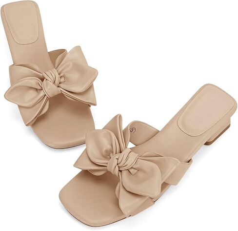 Fashare Womens Bow Dressy Low Heel Sandals Slides Summer Chunky Block Heeled Open Toe Mules Slip on Slippers Shoes in Saudi Arabia