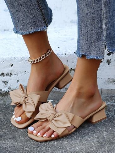 Fashare Womens Bow Dressy Low Heel Sandals Slides Summer Chunky Block Heeled Open Toe Mules Slip on Slippers Shoes in Saudi Arabia