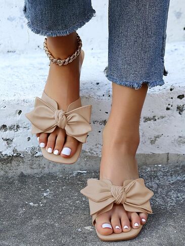 Fashare Womens Bow Dressy Low Heel Sandals Slides Summer Chunky Block Heeled Open Toe Mules Slip on Slippers Shoes in Saudi Arabia