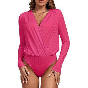 Vrtige Women's Wrap V Neck Long Sleeve Pleated Bodysuit Leotard Top