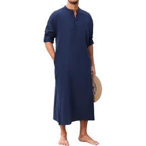 TURETRENDY Men's Long Sleeve Kaftan Thobe Button Down Henley Robe Casual Side Split Gown Shirt with Pocket