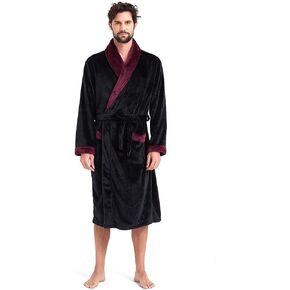 Mens Fleece Hooded Robe Terry Cloth Plush Soft Warm Long Bathrobe in Kuwait