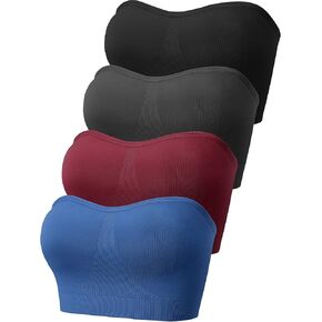 Geyoga 4 Pack Women's Bandeau Bras with Non Slip Liner, Padded Strapless Sports Bra Seamless Tube Top Bralette with Support