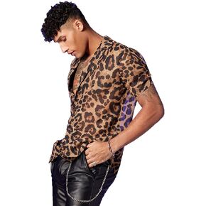 OYOANGLE Men's Paisley Graphic Sheer Mesh Short Sleeve Round Neck Blouse Top