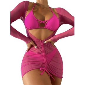 SherryDC Women's Sexy 3 Piece Swimsuits Halter Triangle Bikini Sets with Long Sleeve Cover Up Drawstring Bathing Suit in Saudi Arabia