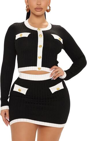 MOEENCN 2 Piece Skirt Outfits for Women Long Sleeve Button Crop Top Sexy Bodycon Mini Elegant Dress Party Club Night in Kuwait