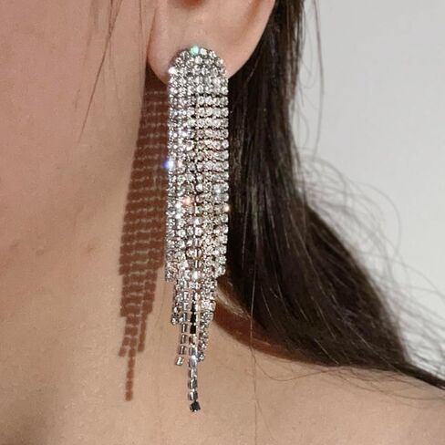SELOVO Rhinestone Crystal Tassel Long Sparkle Dangle Earrings 2.8"/3.3" Wedding Party Dangling Earrings in Kuwait
