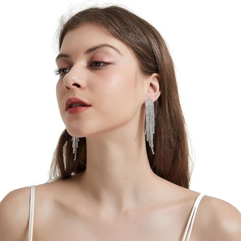 SELOVO Rhinestone Crystal Tassel Long Sparkle Dangle Earrings 2.8"/3.3" Wedding Party Dangling Earrings in Kuwait