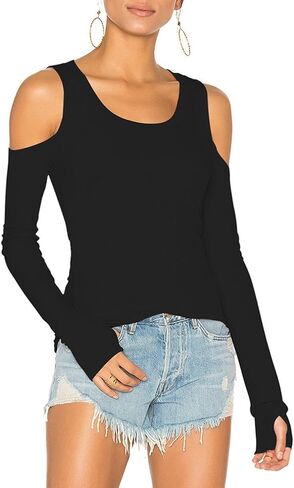 Mippo Cold Shoulder Tops for Women Long Sleeve Workout Shirts Thumb Hole Blouses in Kuwait