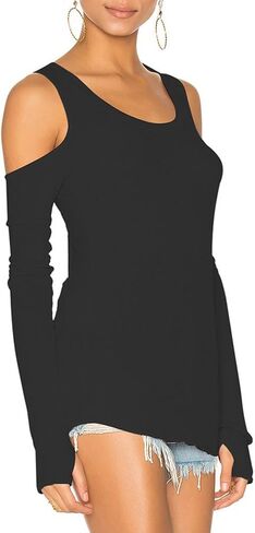 Mippo Cold Shoulder Tops for Women Long Sleeve Workout Shirts Thumb Hole Blouses in Kuwait