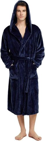 Mens Fleece Hooded Robe Terry Cloth Plush Soft Warm Long Bathrobe in Kuwait