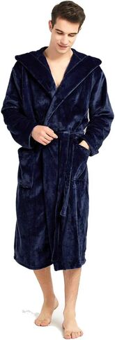 Mens Fleece Hooded Robe Terry Cloth Plush Soft Warm Long Bathrobe in Kuwait