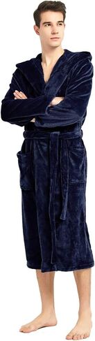 Mens Fleece Hooded Robe Terry Cloth Plush Soft Warm Long Bathrobe in Kuwait