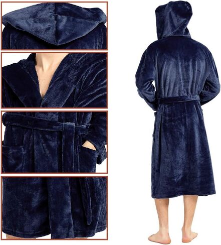 Mens Fleece Hooded Robe Terry Cloth Plush Soft Warm Long Bathrobe in Kuwait