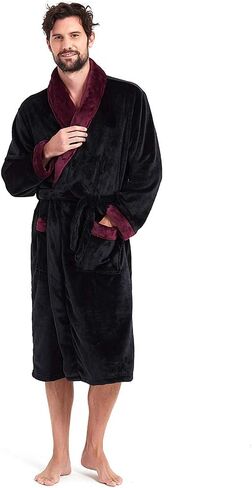 Mens Fleece Hooded Robe Terry Cloth Plush Soft Warm Long Bathrobe in Kuwait