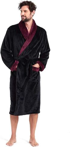 Mens Fleece Hooded Robe Terry Cloth Plush Soft Warm Long Bathrobe in Kuwait