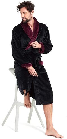 Mens Fleece Hooded Robe Terry Cloth Plush Soft Warm Long Bathrobe in Kuwait
