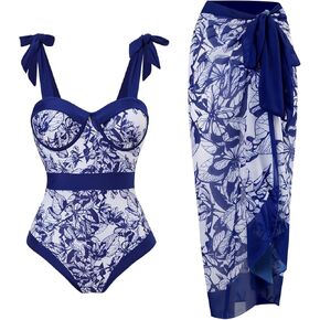 Wuitrie Womens Bikini Set 2 Piece Boho Vintage Print Halter Tummy Control Strappy Swimsuits with Bikini Maxi Wrap Skirt Blue Flower in Kuwait