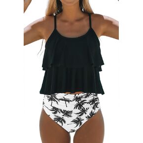 Beachsissi Women Two Layer Falbala Design Tankini Set High Waisted 2 Piece Swimsuit