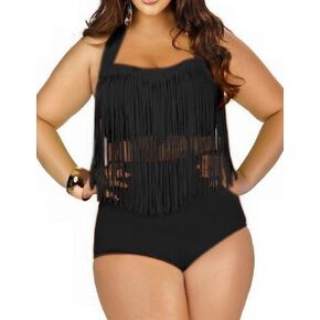 Womens Plus Size High Waist Fringe Swimwear Two Piece Swimsuit