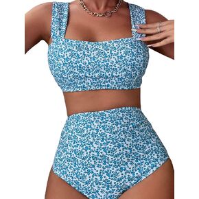 طقم بيكيني نسائي عالي الخصر من MakeMeChic مكون من قطعتين من ملابس السباحة Ditsy Floral
