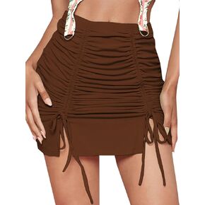 LYANER Women's Casual Drawstring Ruched Split Hem Ribbed Mini Short Skirt