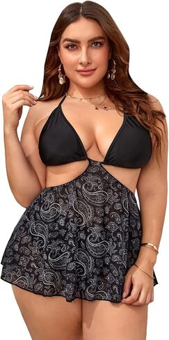 Cozyease Women's Plus Size Paisley Print Halter Swimsuit Backless Bikini Set High Waist Bathing Suit in Saudi Arabia