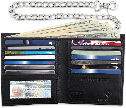 F&L CLASSIC Mens Chain Wallet Large Capacity | RFID Blocking | Buffalo vintage Leather | Bi-Fold Big Hipster |186,buff-chain in Saudi Arabia