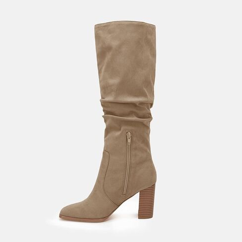 Womens Knee High Boots Chunky High Heel Square Toe Side Zipper Wide Calf Boot in Saudi Arabia