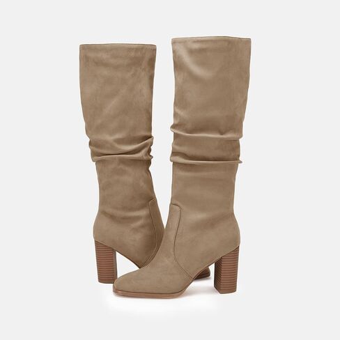 Womens Knee High Boots Chunky High Heel Square Toe Side Zipper Wide Calf Boot in Saudi Arabia