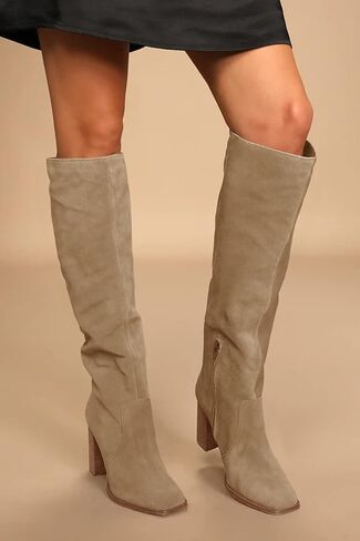 Womens Knee High Boots Chunky High Heel Square Toe Side Zipper Wide Calf Boot in Saudi Arabia