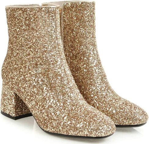 MAVMAX Women's Sequin Glitter Ankle Boots Chunky Heels Sparkly Booties in Saudi Arabia