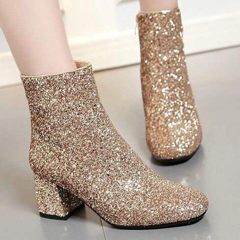 MAVMAX Women's Sequin Glitter Ankle Boots Chunky Heels Sparkly Booties in Saudi Arabia