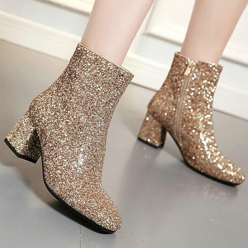MAVMAX Women's Sequin Glitter Ankle Boots Chunky Heels Sparkly Booties in Saudi Arabia