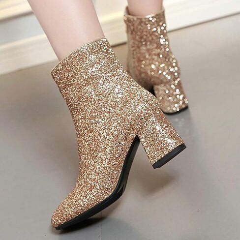 MAVMAX Women's Sequin Glitter Ankle Boots Chunky Heels Sparkly Booties in Saudi Arabia