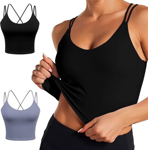 Women's Longline Sports Bra Padded Strappy Yoga Bra Fitness Running Workout Crop Tank Top（2pack） in Saudi Arabia