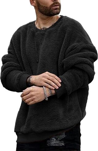 Mens Fuzzy Sherpa Sweatshirt Long Sleeve Fluffy Crew Neck Pullover Cozy Basic Unisex Fall Winter Warm Tops in Saudi Arabia