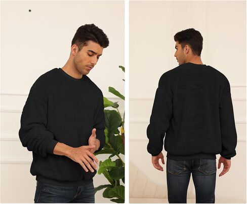 Mens Fuzzy Sherpa Sweatshirt Long Sleeve Fluffy Crew Neck Pullover Cozy Basic Unisex Fall Winter Warm Tops in Saudi Arabia