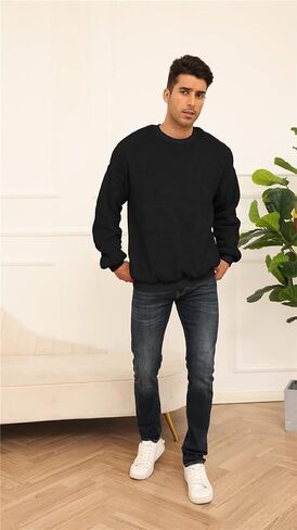 Mens Fuzzy Sherpa Sweatshirt Long Sleeve Fluffy Crew Neck Pullover Cozy Basic Unisex Fall Winter Warm Tops in Saudi Arabia